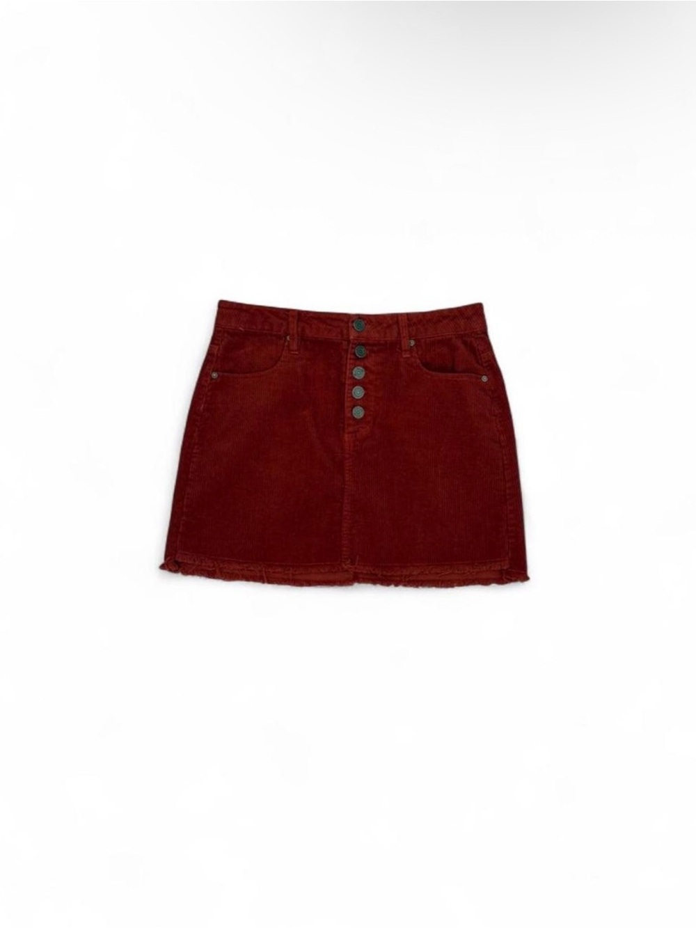 Indigo Rein Burgundy Corduroy Button-Front Mini Skirt with Frayed Hem